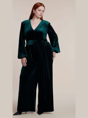 Eloquii Velvet Wide Leg Jumpsuit Belted V-Neck Pine Green Holiday Plus Size 22